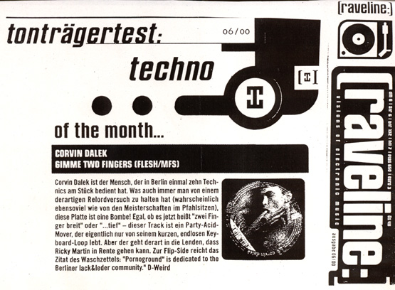 Raveline record review from issue 06/2000 featuring Corvin Dalek’s Gimme Two Fingers as “of the month”.