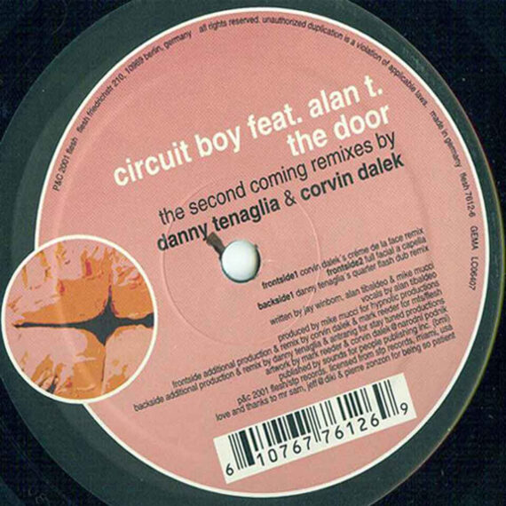 Vinyl label for Circuit Boy feat. Alan T. – The Door featuring remixes by Corvin Dalek and Danny Tenaglia, Flesh, 2001.