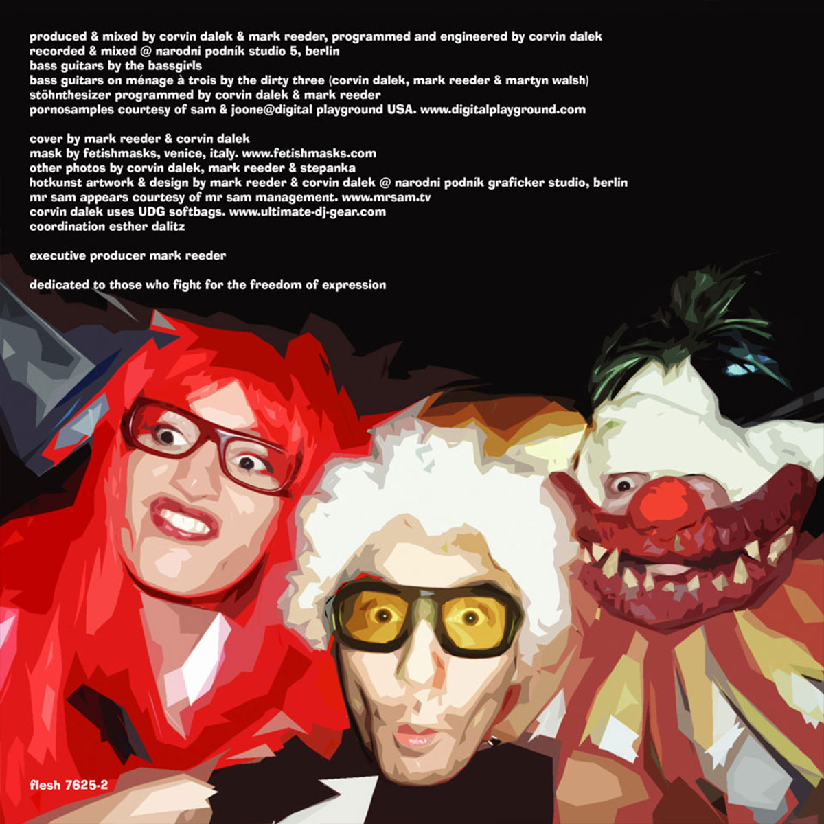 Booklet credits page from I Am a Dalek with production details and three stylised portraits, Flesh, 2003.