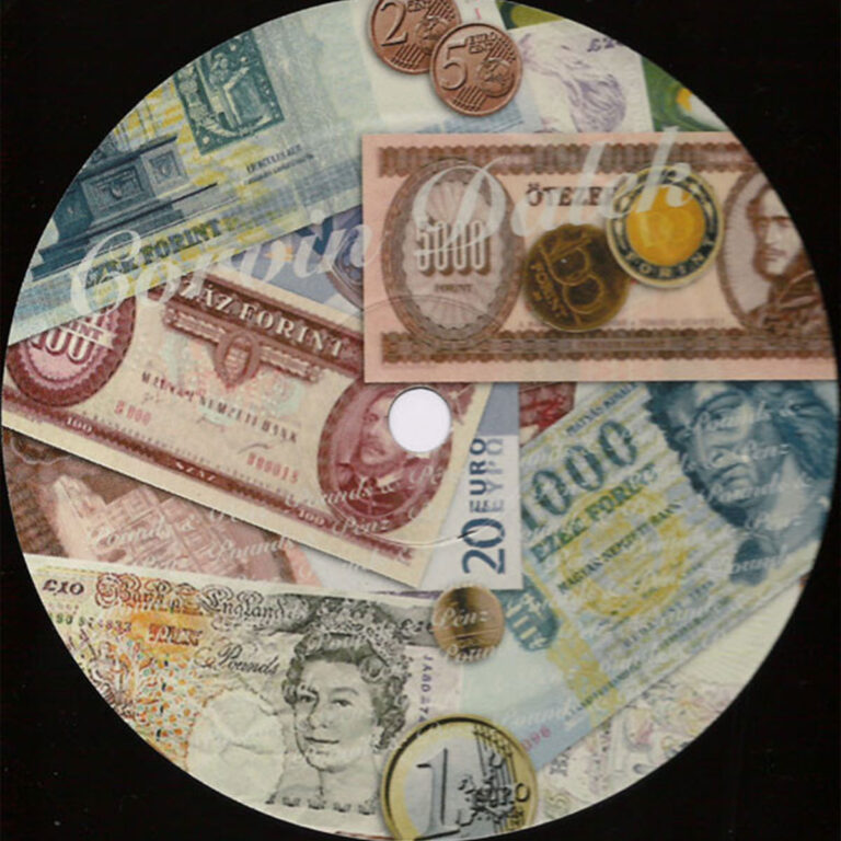 Vinyl label for Corvin Dalek’s 12″ single Pounds & Pénz with banknote and coin artwork, MFS, 1999.