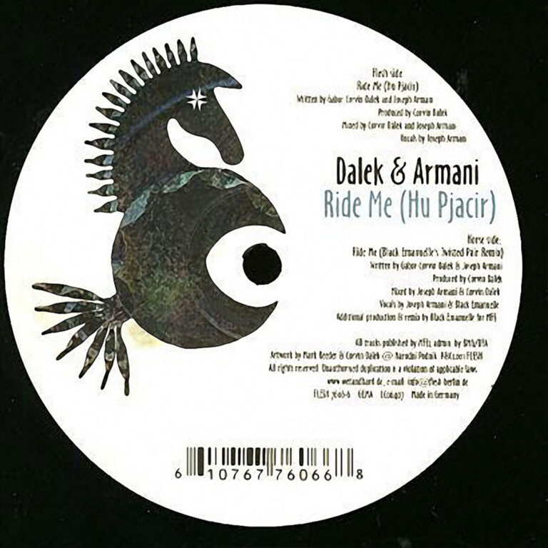 Vinyl label for the 12″ single Ride Me (Hu Pjacir) by Dalek & Armani, Flesh, 2001.