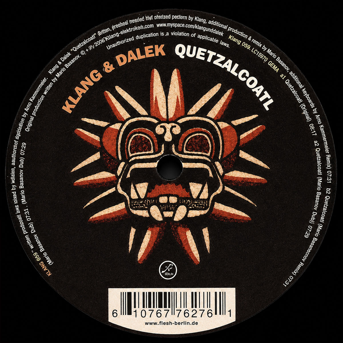 Vinyl label of Klang & Dalek – Quetzalcoatl, Flesh 7627-6, 2005.